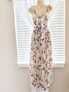 Dear John White Floral Midi Dress with Pink & Orange Blooms Size S